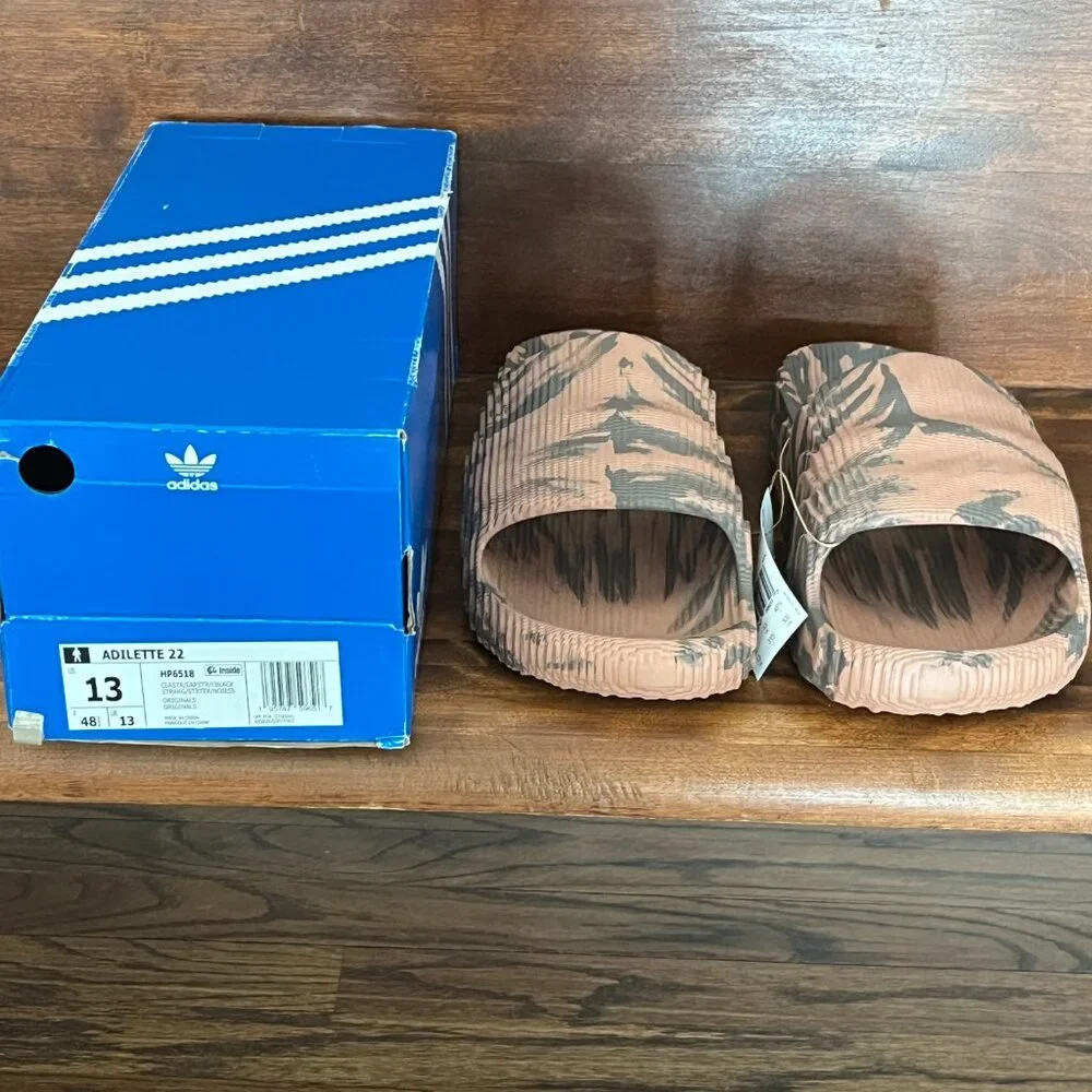 Adidas Adilette 22  Men's Brown Camo Slides Slip On Casual Pool Sporty 13